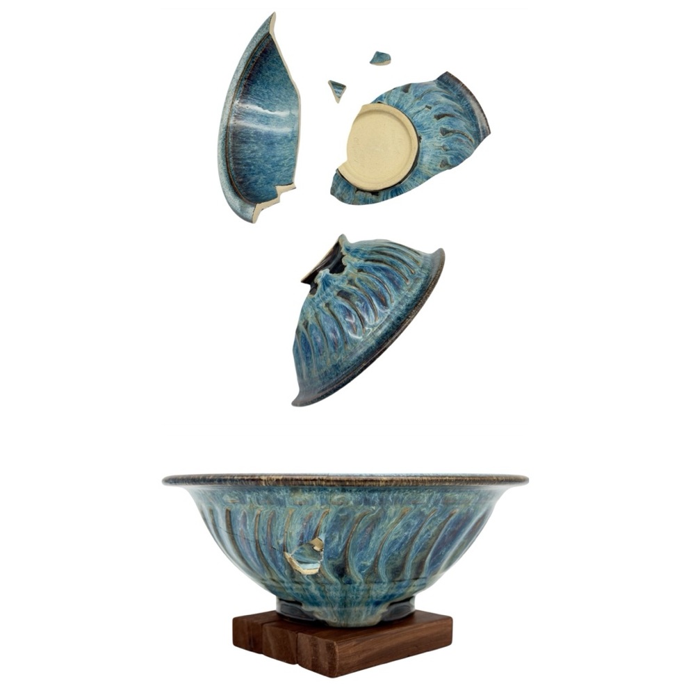 Kintsugi Bowl Blue Pottery Ocean Drip Glaze Gold Crack Art Personal Growth Gift